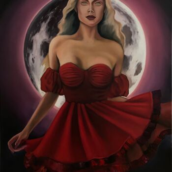 Painting titled "The Moon" by Solomiia Rakush, Original Artwork, Oil Mounted on Wood Stretcher frame