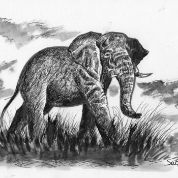 Dibujo titulada "Eléphant" por Hocine Soltane, Obra de arte original, Tinta
