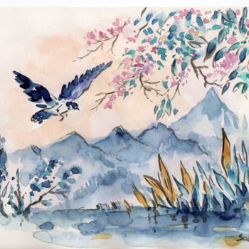 绘画 标题为“Oiseau  au dessus d…” 由Hocine Soltane, 原创艺术品, 水彩
