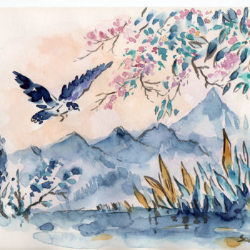 Painting titled "Oiseau  au dessus d…" by Hocine Soltane, Original Artwork, Watercolor