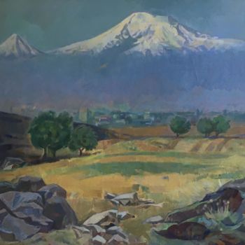 Painting titled "Ararat" by Hayk Gharagyozyan, Original Artwork, Oil Mounted on Wood Panel