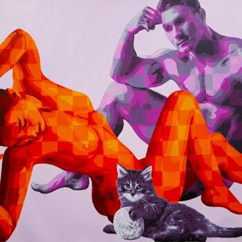 Schilderij getiteld "Couple and Cat" door Sonaly Gandhi, Origineel Kunstwerk, Acryl