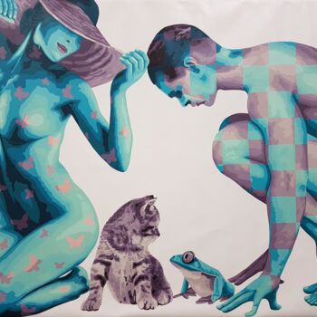 Malerei mit dem Titel "Couple Cat and Frog" von Sonaly Gandhi, Original-Kunstwerk, Acryl