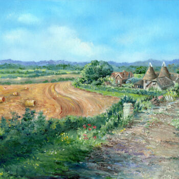 Painting titled "An Oast House Farm…" by Sonia Finch, Original Artwork, Oil Mounted on Cardboard