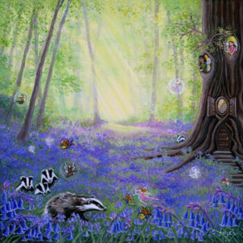 Painting titled "Spring Bluebell Fai…" by Sonia Finch, Original Artwork, Oil Mounted on Wood Stretcher frame