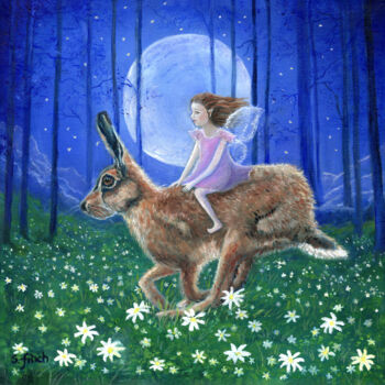 Schilderij getiteld "Spring Moon Hare Fa…" door Sonia Finch, Origineel Kunstwerk, Olie Gemonteerd op Frame voor houten branc…