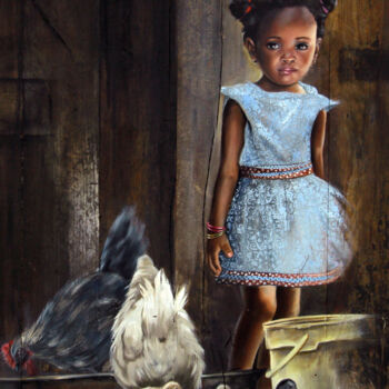 Картина под названием "Fillette aux poules…" - Sonia Privat, Подлинное произведение искусства, Масло