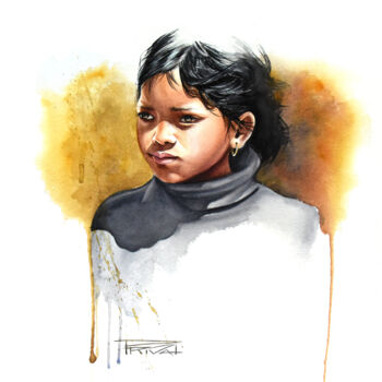 Malerei mit dem Titel "Fillette à Bhaktapur" von Sonia Privat, Original-Kunstwerk, Aquarell