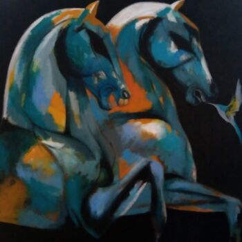 Painting titled "Serie Caballos Azul…" by Sonia Uribe, Original Artwork, Oil