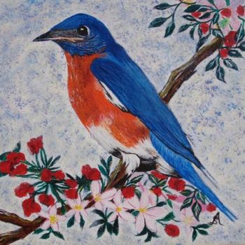 Painting titled "OISEAU BLEU SUR LA…" by Sonia Caruso, Original Artwork