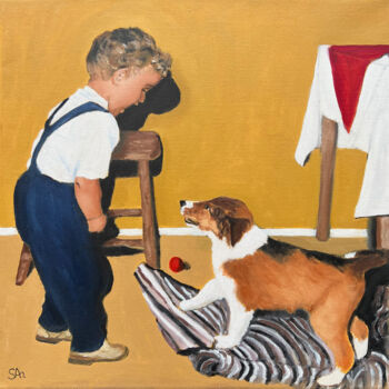 Painting titled "Playing with my pup…" by Sonny Andersson, Original Artwork, Oil