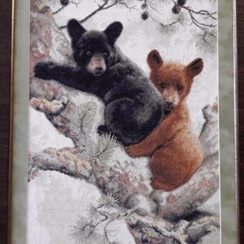 Painting titled ""За шишками"" by Sonyatko, Original Artwork, Embroidery Mounted on Wood Stretcher frame