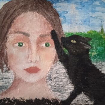 Peinture intitulée "Автопортрет с кошкой" par Sofia Tiutiunnikova, Œuvre d'art originale, Huile
