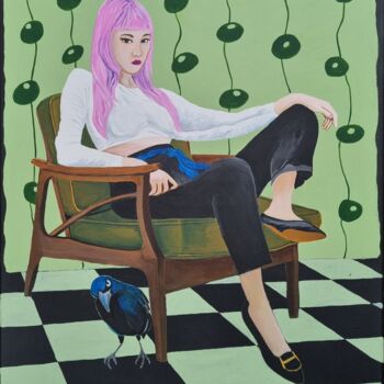 Картина под названием "Girl And crow" - Sophie Ackermann, Подлинное произведение искусства, Акрил