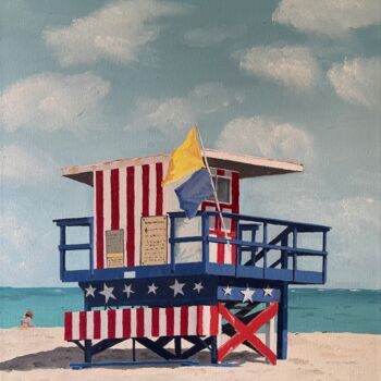 Painting titled "Miami plage" by Sophie Cousineau, Original Artwork, Oil Mounted on Wood Stretcher frame