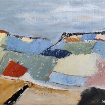 Painting titled "Paysage bucolique" by Sophie Dumont, Original Artwork, Oil Mounted on Wood Stretcher frame