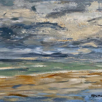 Painting titled "Plage de Saint aubin" by Sophie Dumont, Original Artwork, Oil Mounted on Wood Stretcher frame