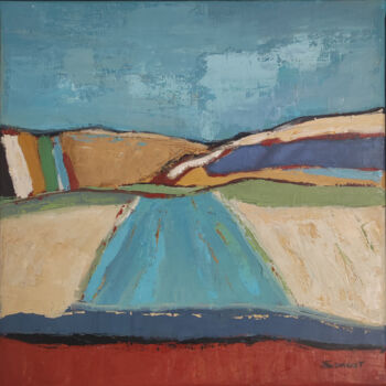 Malerei mit dem Titel "Blue landscape" von Sophie Dumont, Original-Kunstwerk, Öl Auf Keilrahmen aus Holz montiert