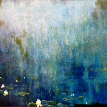 Peinture intitulée ""Les Reflets Bleus"" par Sophie Duplain, Œuvre d'art originale, Huile Monté sur Châssis en bois