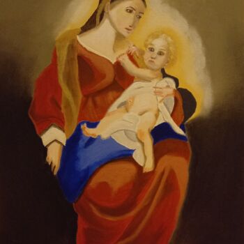 Painting titled "La vierge et l'enfa…" by Sophie Leron Alcaïna, Original Artwork, Oil Mounted on Wood Stretcher frame