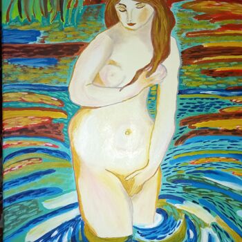 Painting titled "Jeune femme se baig…" by Sophie Leron Alcaïna, Original Artwork, Oil Mounted on Wood Stretcher frame