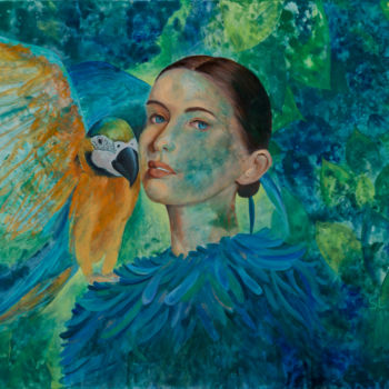 Painting titled "Un perroquet sur l'…" by Sophie Loizeau, Original Artwork, Oil Mounted on Wood Stretcher frame