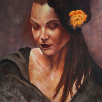 Painting titled "Madone à la rose or…" by Sophie Loizeau, Original Artwork, Oil Mounted on Wood Stretcher frame