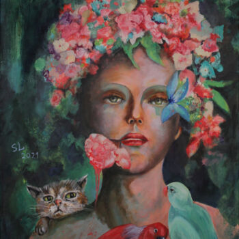Peinture intitulée "Femme fleur" par Sophie Loizeau, Œuvre d'art originale, Huile Monté sur Châssis en bois