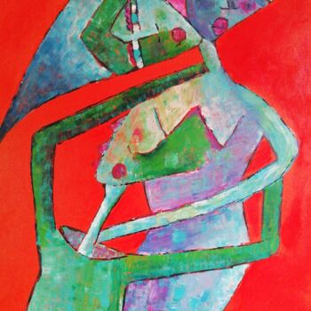 Pittura intitolato ""Pensive"" da Sophie Maugin, Opera d'arte originale, Acrilico Montato su Telaio per barella in legno