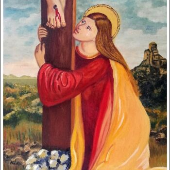 Malerei mit dem Titel "Crucifixion (détail…" von Sophie Tellier, Original-Kunstwerk, Öl Auf Karton montiert