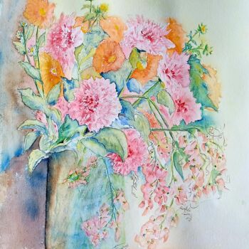 Peinture intitulée "Bouquet de dahlias…" par Thérèse Soriano, Œuvre d'art originale, Aquarelle