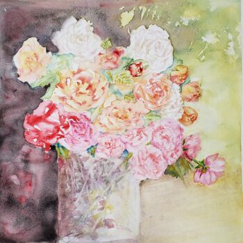 Картина под названием "Bouquet de roses" - Thérèse Soriano, Подлинное произведение искусства, Акварель