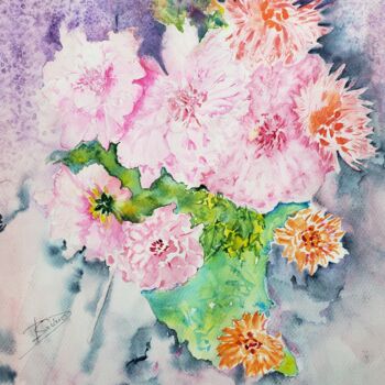 Schilderij getiteld "Dahlias 5" door Thérèse Soriano, Origineel Kunstwerk, Aquarel