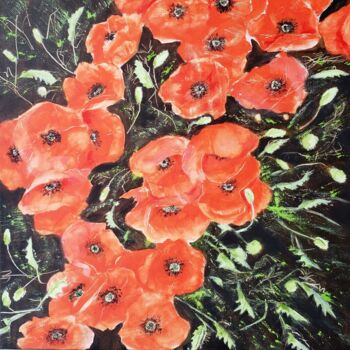 Painting titled "Coquelicots  7" by Thérèse Soriano, Original Artwork, Acrylic Mounted on Wood Stretcher frame