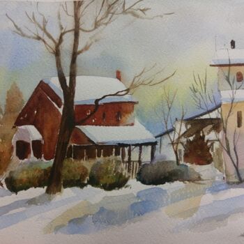 Painting titled "Winter in Village" by Sosar, Original Artwork, Watercolor