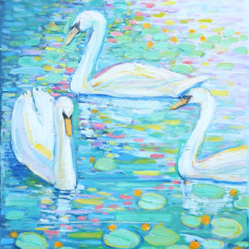 Schilderij getiteld "Swans on the river" door Vladimir Bašić Šoto, Origineel Kunstwerk, Olie