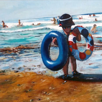Painting titled "L'enfant à la plage" by Nacer Souici, Original Artwork, Oil