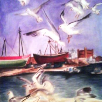 Painting titled "Le port" by Soumaya Rachidi, Original Artwork, Watercolor