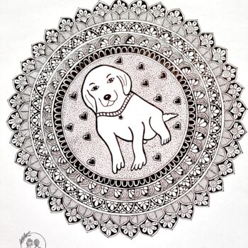 Dessin intitulée "Handmade Dog Mandal…" par Soumyarani Guda, Œuvre d'art originale, Encre Monté sur Châssis en bois