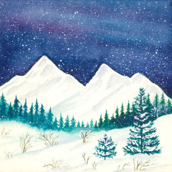 Painting titled "Snow-capped mountai…" by Space Oleandr, Original Artwork, Watercolor