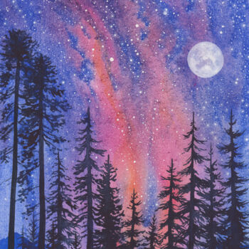 Schilderij getiteld "Night Forest and Mo…" door Space Oleandr, Origineel Kunstwerk, Aquarel