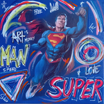 "SPACO Superman  , 2…" başlıklı Tablo Spaco tarafından, Orijinal sanat, Kolaj Ahşap Sedye çerçevesi üzerine monte edilmiş