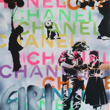 Painting titled "SPACO Girls ballons…" by Spaco, Original Artwork, Spray paint Mounted on Wood Stretcher frame