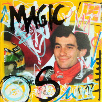 Painting titled "SPACO MAGIC Ayrton…" by Spaco, Original Artwork, Collages Mounted on Wood Stretcher frame