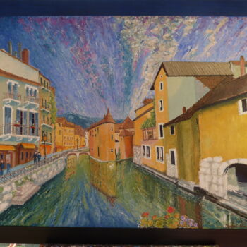 Painting titled "Annecy le Thiou" by Nino Spelat, Original Artwork, Oil Mounted on Wood Stretcher frame