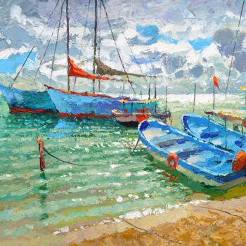 Painting titled "Boats on the island…" by Spiros, Original Artwork, Acrylic