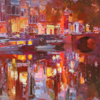 Painting titled "Evening Amsterdam" by Sergii Poliakov, Original Artwork, Oil