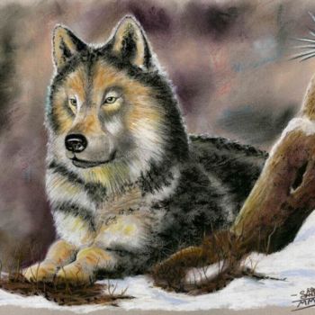 Peinture intitulée "Loup dans la neige" par Saïd Serge Berkane, Œuvre d'art originale