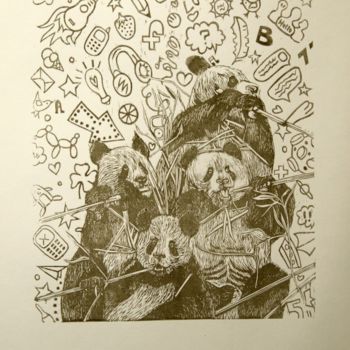 Prenten & gravures getiteld "Suonatori di Bamboo…" door Sabrina Spreafico, Origineel Kunstwerk, Xylograaf