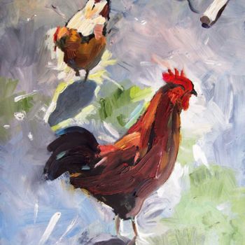 Pintura intitulada "Rooster and Hen" por Stan Bigda, Obras de arte originais, Óleo